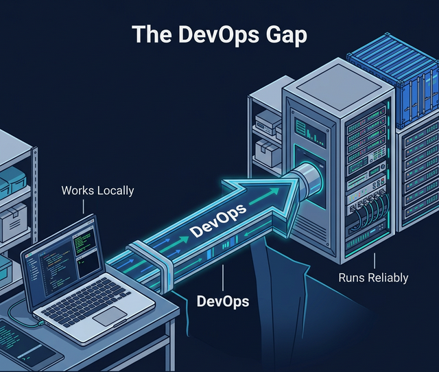 An isometric diagram illustrating 'The DevOps Gap'. A developer's laptop ('Works Locally') is bridged by a glowing pipeline ('DevOps') to a robust server rack ('Runs Reliably').