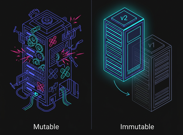 An isometric comparison diagram. On the left, 'Mutable' shows a messy, heavily patched server. On the right, 'Immutable' shows a glowing new 'v2' server cleanly replacing a faded 'v1' server.