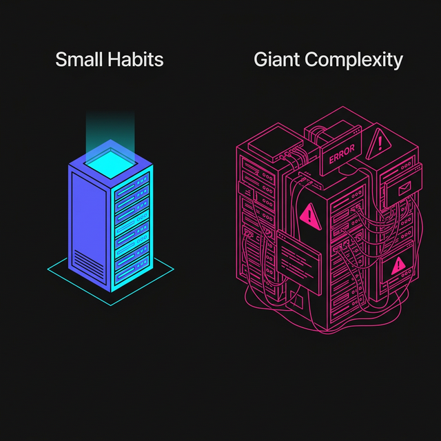 An isometric comparison showing a small, elegant node server labeled 'Small Habits' on the left and a massive, chaotic server cluster labeled 'Giant Complexity' on the right.