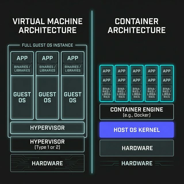 Side-by-side technical comparison diagram of Virtual Machine Architecture vs Container Architecture