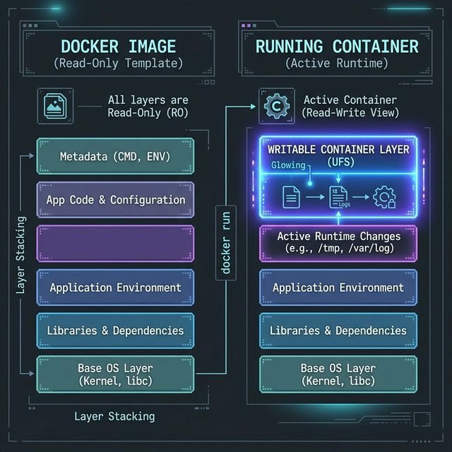 Technical layer diagram showing a Docker Image as locked read-only layers and a Running Container as those identical layers topped with an active writable layer