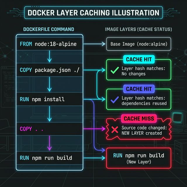 Flowchart diagram showing Docker layer caching, illustrating a cache hit on the npm install step but a cache miss invalidating the subsequent source code COPY step
