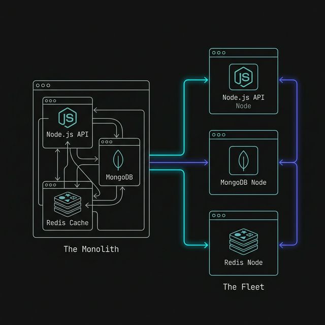Architecture comparison diagram: A single, cluttered monolithic container on the left versus a distributed fleet of specialized services (Node.js API and MongoDB) on the right, connected via a network layer.