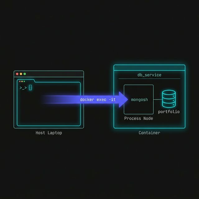Technical schematic showing a 'Laptop' terminal opening a secure 'docker exec' tunnel into the 'db_service' container to run the 'mongosh' process internally.