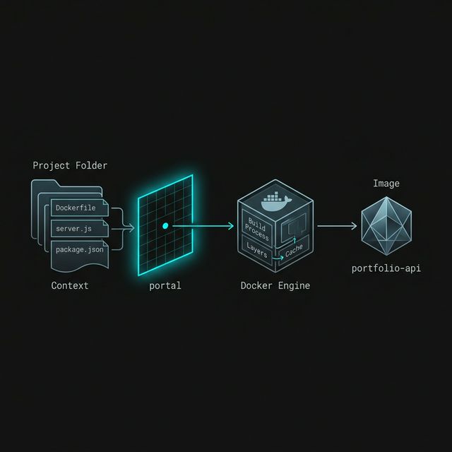 Process flow diagram: The Project Folder (Context) containing our source files is fed into the Docker Engine via the '.' portal, resulting in the creation of the portfolio-api Image.