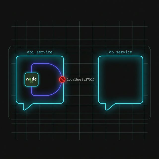 Conceptual diagram of the Localhost Trap. The api_service container attempts to connect to 'localhost:27017' but the connection line loops back and hits its own internal wall, triggering a failure while the db_service container sits unreachable nearby.
