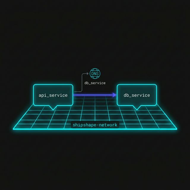 Architecture diagram showing the api_service and db_service containers successfully communicating on a shared 'shipshape-network' bridge, with DNS resolving the service name.