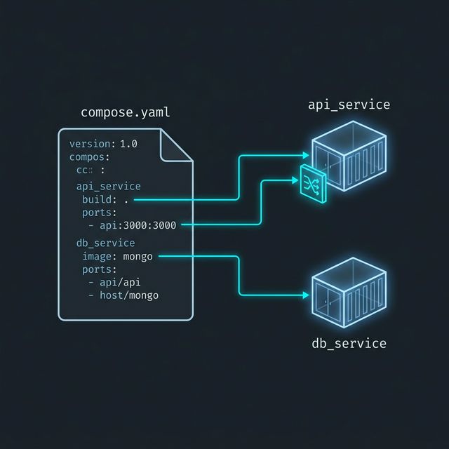 Anatomy of a compose.yaml file. Glowing callouts map the 'build' block to the API service, the 'image' block to the MongoDB service, and the 'ports' block to a network gate between the host and the container.