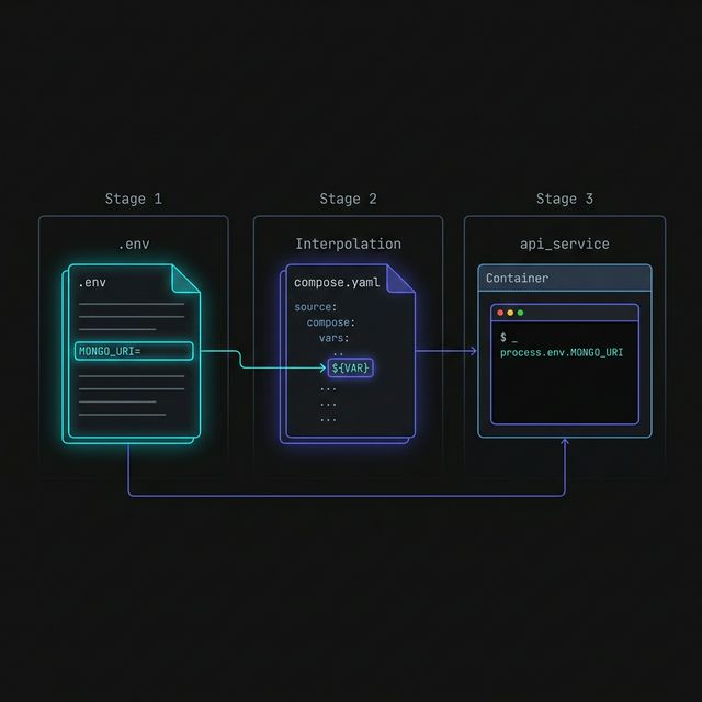 Environment variable flow diagram: Step 1 shows a .env file providing a value. Step 2 shows Compose interpolating that value into the YAML manifest. Step 3 shows the final value being injected into the container's runtime process.