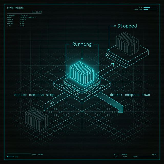 State diagram showing the transition from 'Running' to 'Stopped' (container still exists) versus 'Down' (container is removed from the grid).