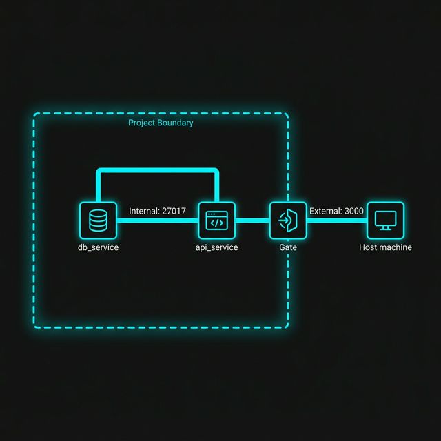 Networking diagram showing the 'Project Boundary'. Inside, the API and Database talk via port 27017. A single gate allows the Host Machine to reach the API via port 3000, while the database has no external path.