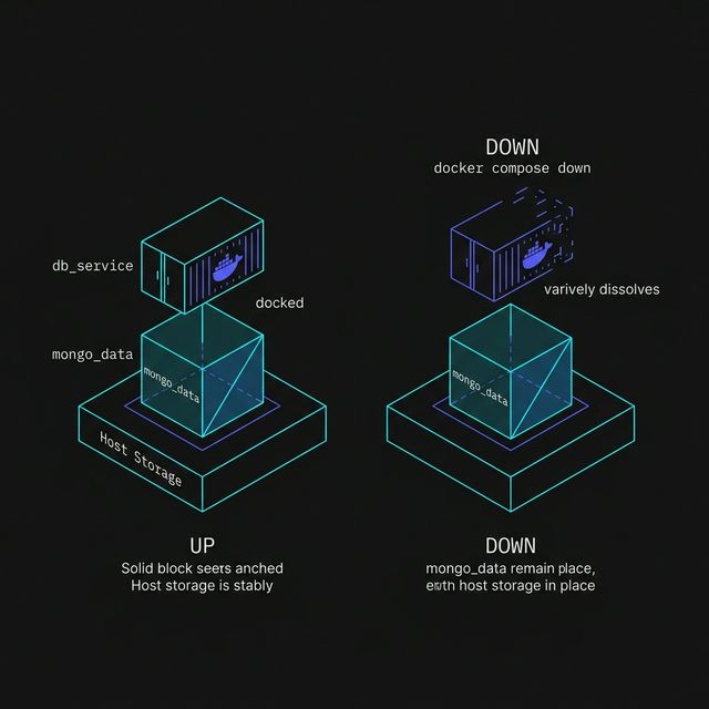Comparison diagram of a volume's persistence. On the left (UP), the db_service container is 'docked' into the mongo_data volume anchor. On the right (DOWN), the container has vanished but the volume remains securely anchored to the host storage.