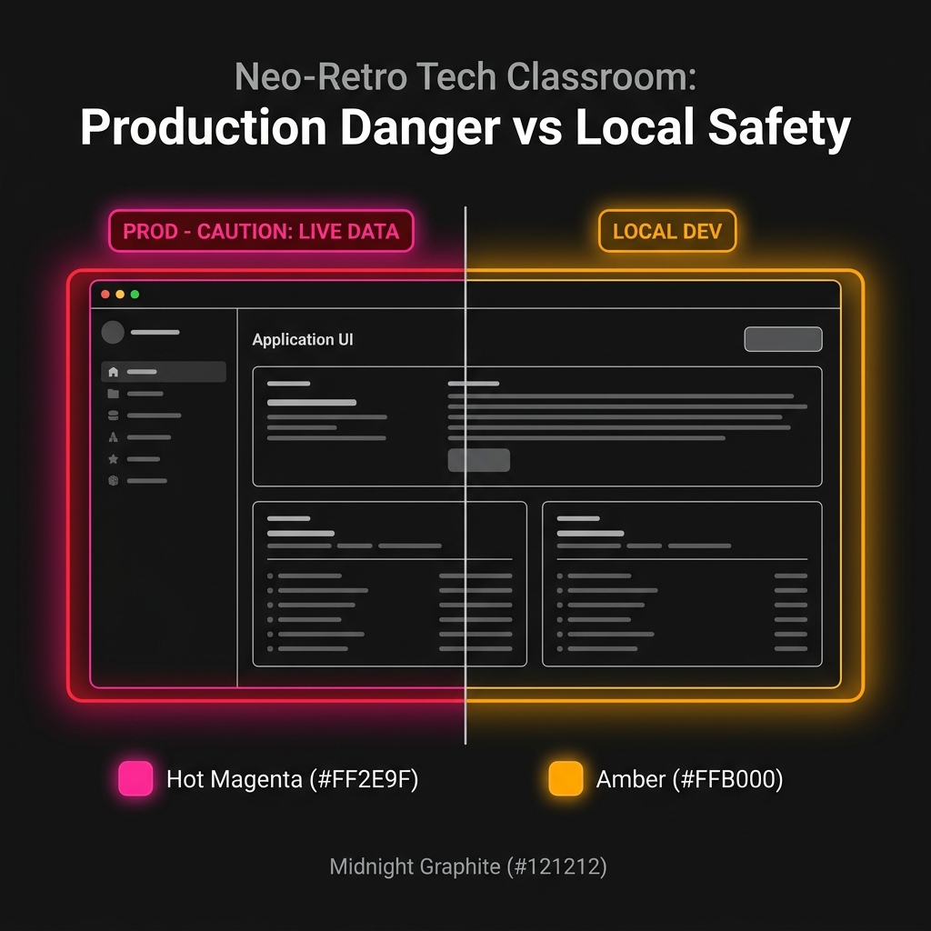 A split screen application UI showing a dangerous red 'PROD' border on the left and a safe amber 'LOCAL DEV' border on the right.