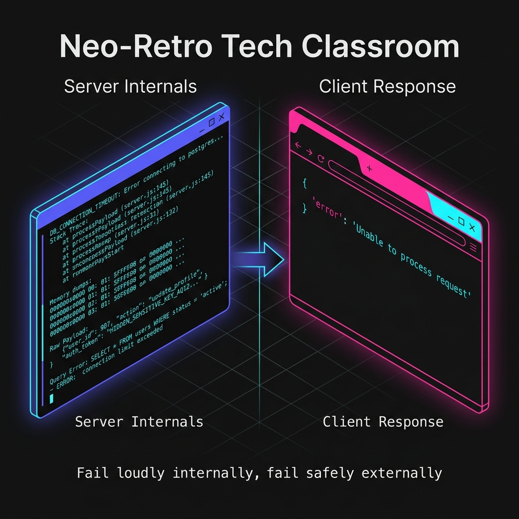 A split screen technical diagram showing a chaotic server stack trace on the left and a safe sanitized JSON response on the right.