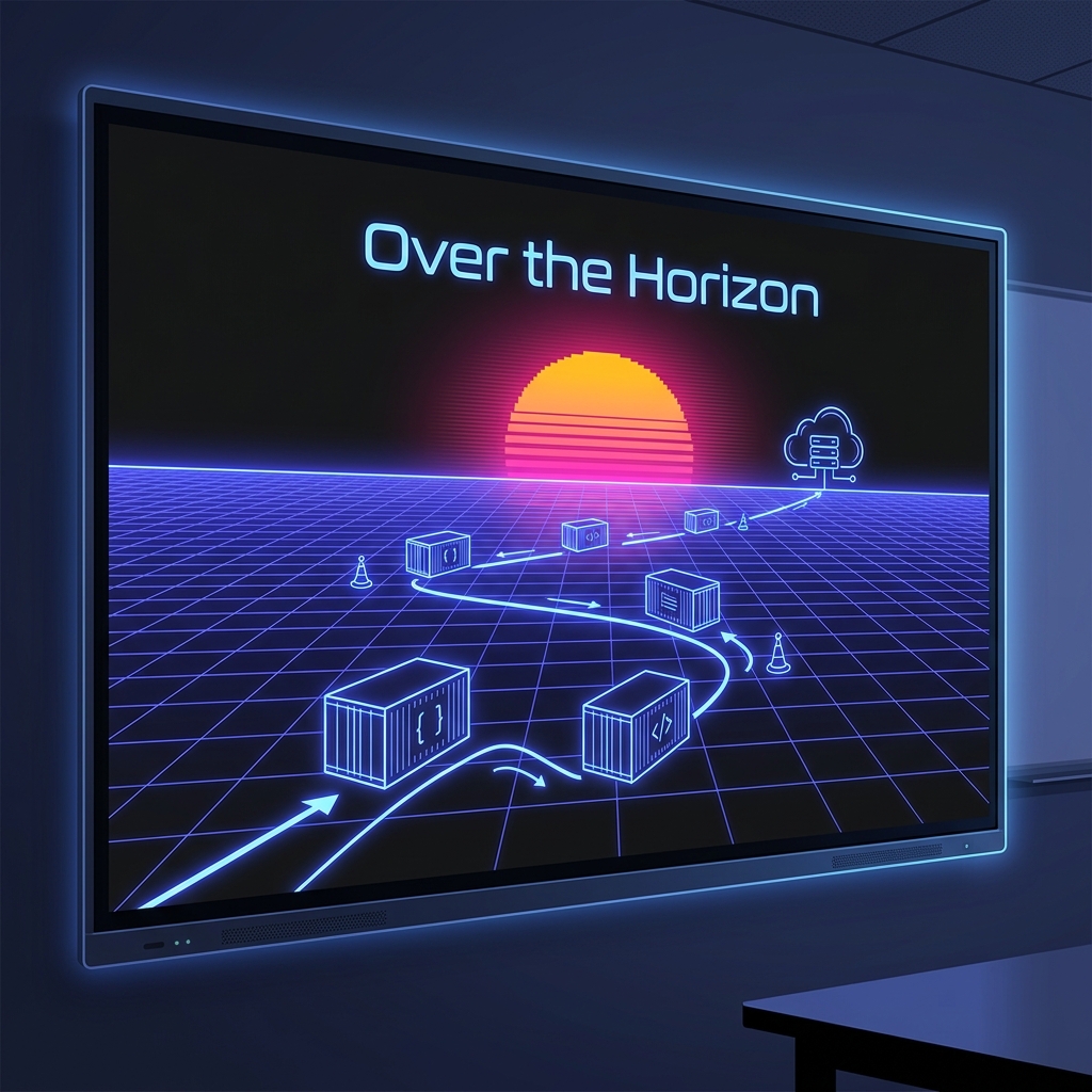 A glowing retro-tech sunset over a digital sea, showing code blocks packaged in shipping containers traveling over the horizon towards a deployed cloud architecture.