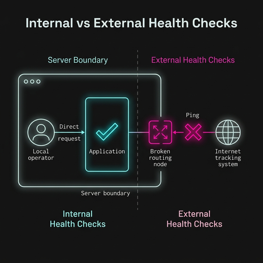 A clean technical diagram showing a successful local health check inside the server boundary compared to a failed external health check pinging a broken routing node.