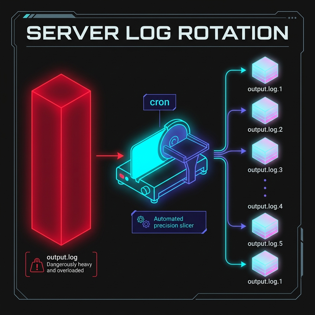 A clean technical diagram showing a massive red output.log file being sliced by a cron job into small daily compressed cyan blocks.
