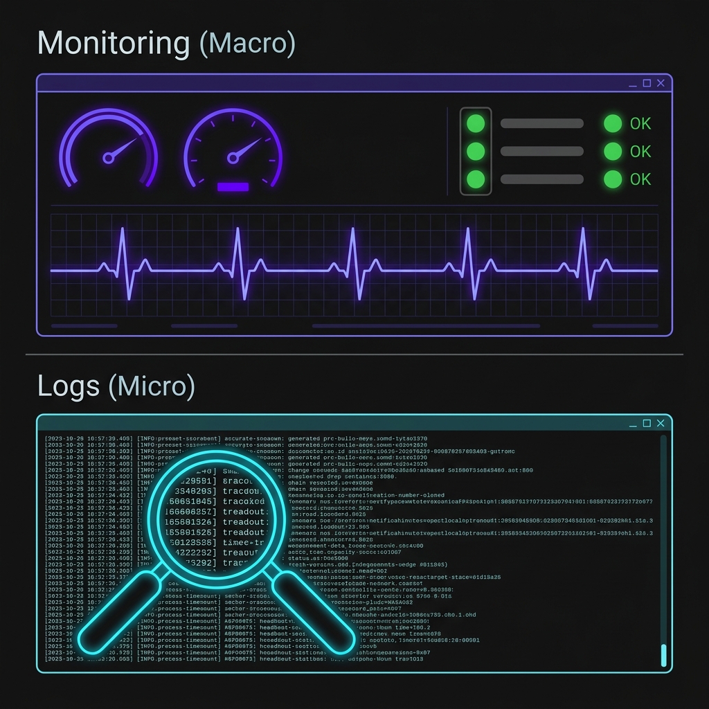 A clean technical diagram split horizontally. The top half shows 'Monitoring' as high-level dashboard gauges and a heartbeat line. The bottom half shows 'Logs' as a magnifying glass zooming into a dense, text-heavy terminal output.