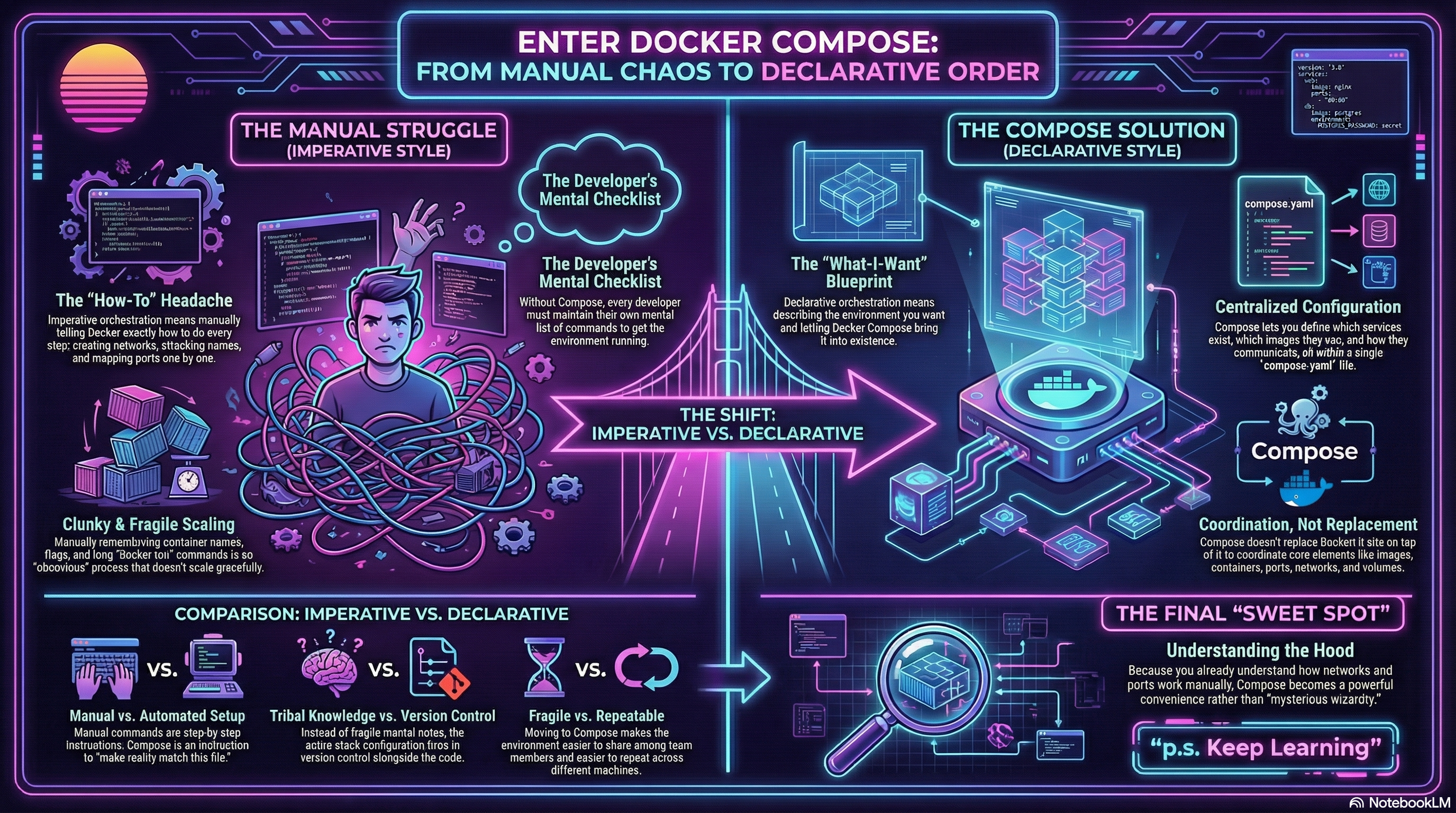 The Shift from Imperative to Declarative. Instead of executing a long string of manual 'how-to' commands, we simply provide a 'compose.yaml' blueprint that describes our desired end-state.