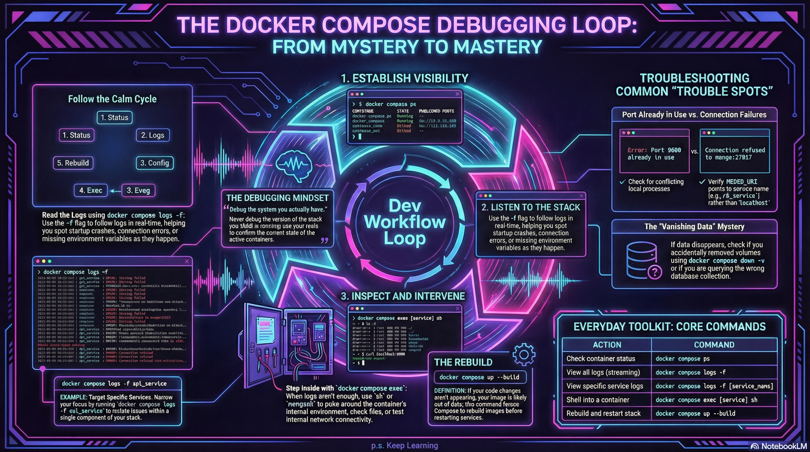 The Dev Workflow Loop. When the stack isn't behaving, follow this logical cycle to reveal the underlying issue. Most 'mysteries' are solved between steps 1 and 3.